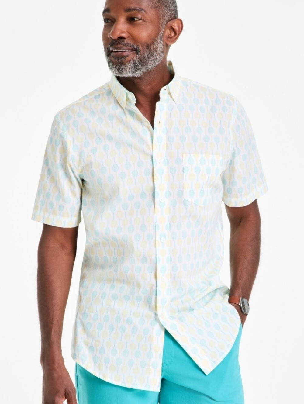 ClubRoom Men's Racket Regular-Fit Stretch Geo-Print Button-Down Poplin Shirt NWT